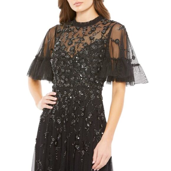 Mac Duggal 9199 Womens Size 2 Black Floral Ruffle Embellished Gown Maxi Dress - Picture 3 of 4